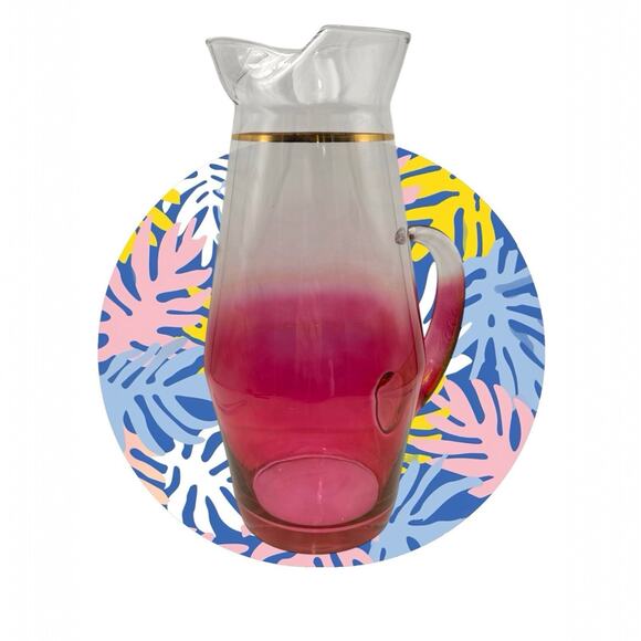 Vintage MCM Blendo Blown Glass Cocktail Pitcher Cranberry Red Gold Pinch Spout - Picture 1 of 10